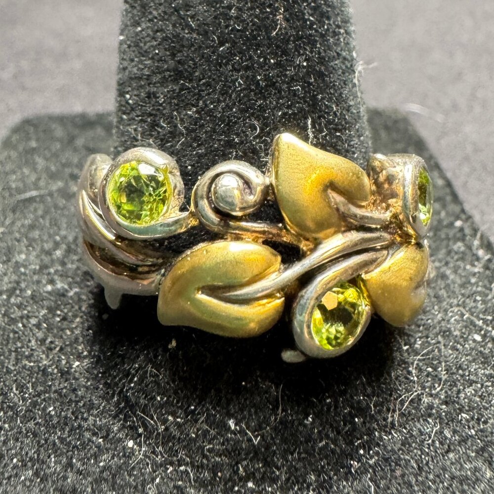 Barbara Bixby Sterling Silver & 18K Gold Leaves Peridot Vine Ring, Size 9